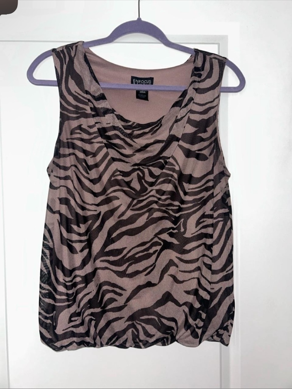 Enfocus Studio Taupe and Black Zebra Print Sleeveless Cowl Neck Tank